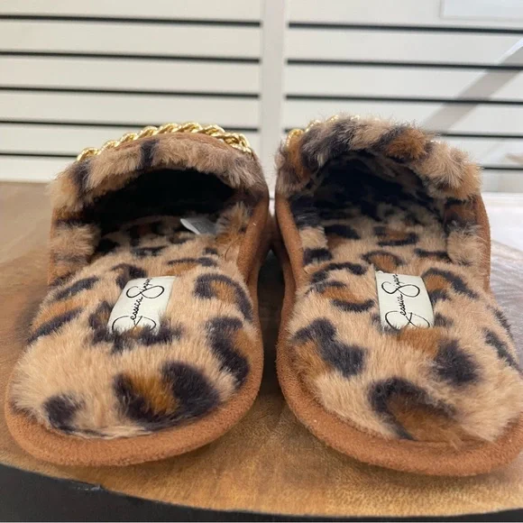 S M L NWT Jessica Simpson brown and gold fuzzy slippers with cheetah print - Picture 7 of 13